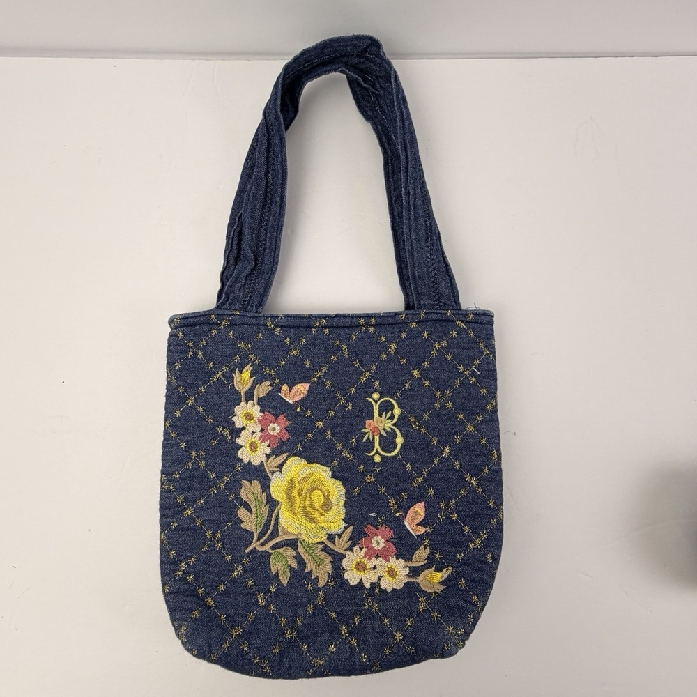 Vintage Denim Embroidered B Floral Tote Bag Quilted Cottagecore Boho